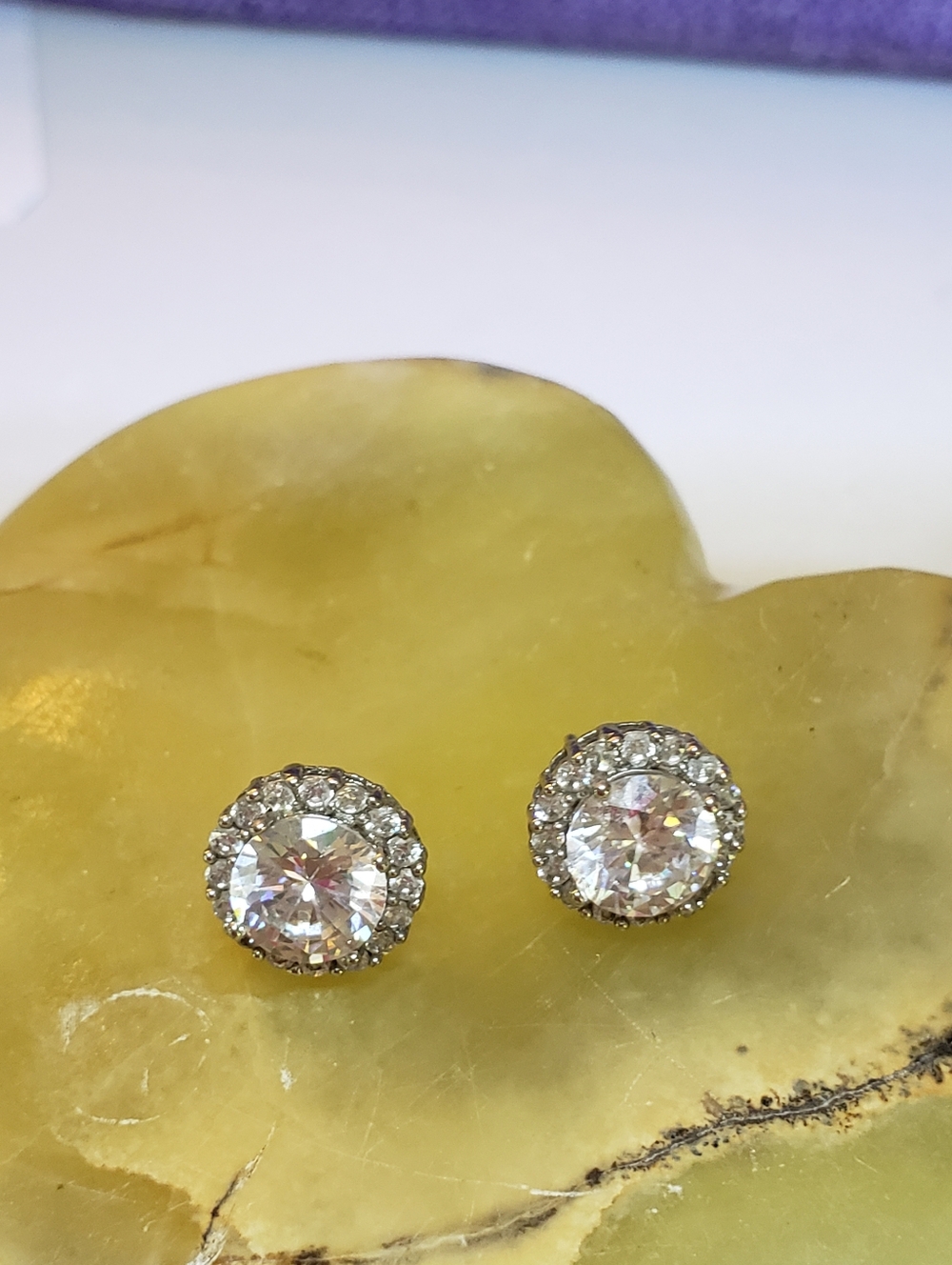 Sterling Silver & Faux Diamond/ Halo Pierced Earrings, Used